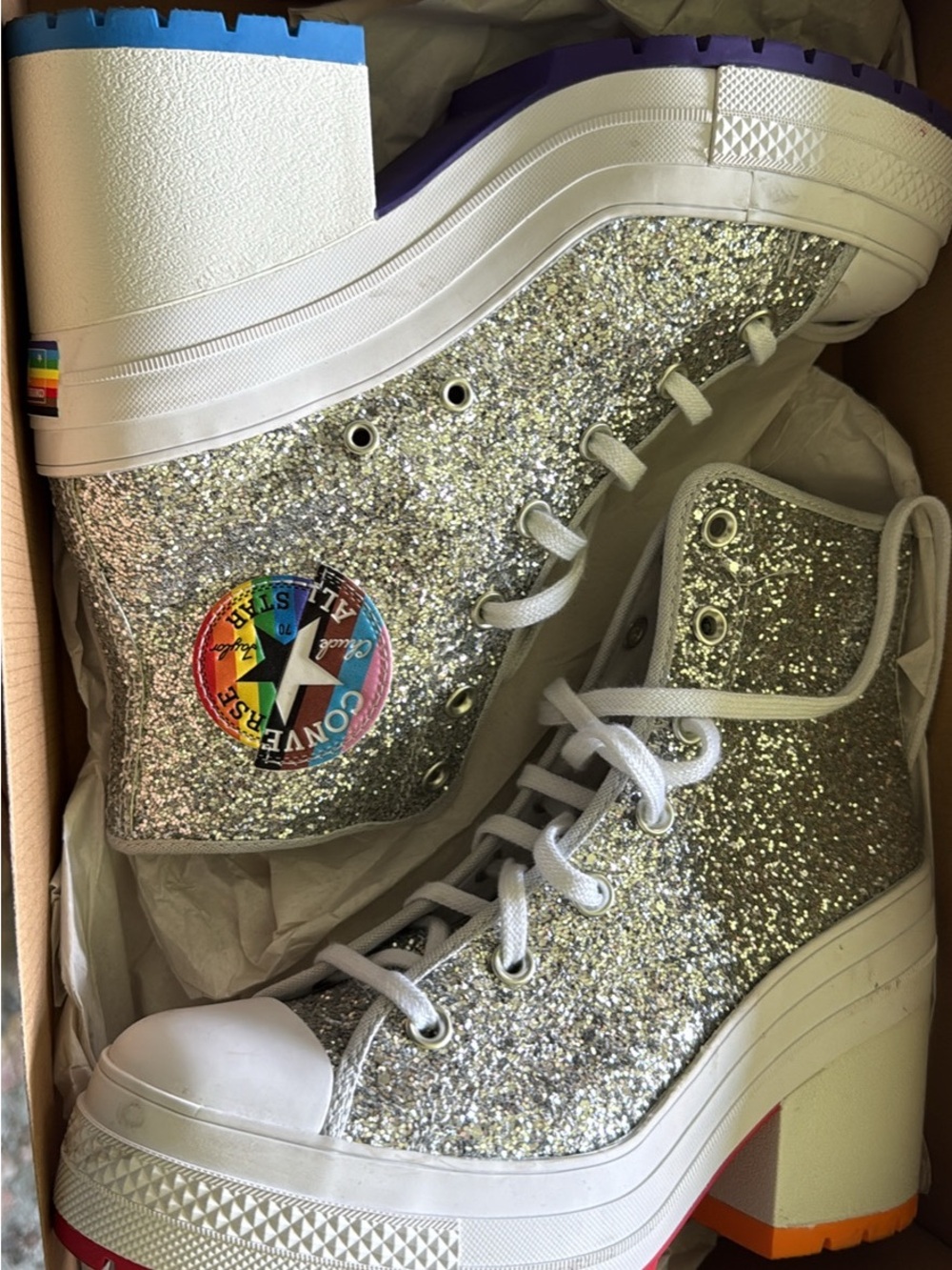Converse Silver Glitter High-Top Platform Sneakers with Rainbow Patch